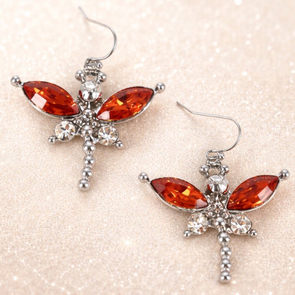 Red Crystal Dragonfly Dangle Earrings Silver Tone Rhinestone Boho